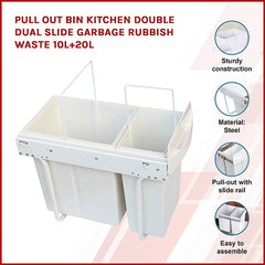 Pull Out Bin Kitchen Double Dual Slide Garbage Rubbish Waste 10L+20L