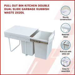 Pull Out Bin Kitchen Double Dual Slide Garbage Rubbish Waste 2X20L