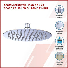 200mm Shower Head Round 304SS Polished Chrome Finish