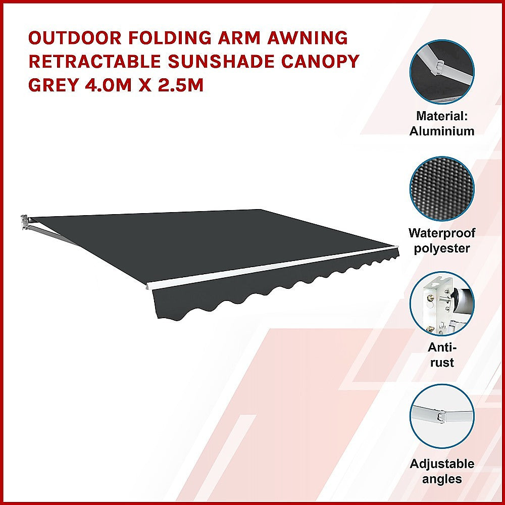 Outdoor Folding Arm Awning Retractable Sunshade Canopy Grey 4.0m x 2.5m