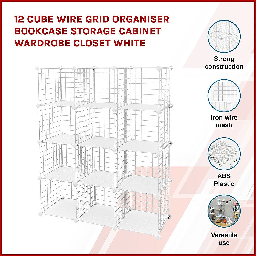 12 Cube Wire Grid Organiser Bookcase Storage Cabinet Wardrobe Closet White