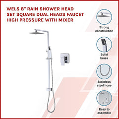 WELS 8" Rain Shower Head Set Square Dual Heads Faucet High Pressure With Mixer