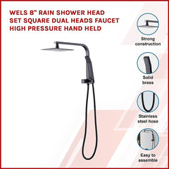 WELS 8" Rain Shower Head Set Square Dual Heads Faucet High Pressure Hand Held