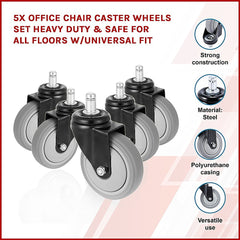 5x Office Chair Caster Wheels Set Heavy Duty & Safe for All Floors w/Universal Fit