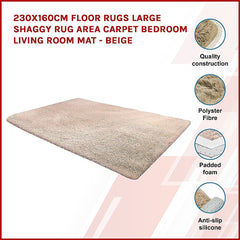 230x160cm Floor Rugs Large Shaggy Rug Area Carpet Bedroom Living Room Mat - Beige