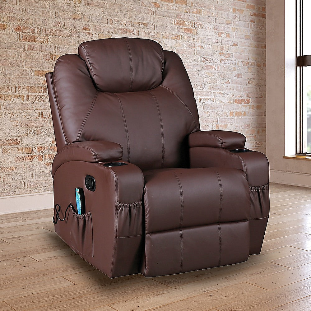 Brown Massage Sofa Chair Recliner 360 Degree Swivel PU Leather Lounge 8 Point Heated.