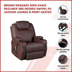 Brown Massage Sofa Chair Recliner 360 Degree Swivel PU Leather Lounge 8 Point Heated.