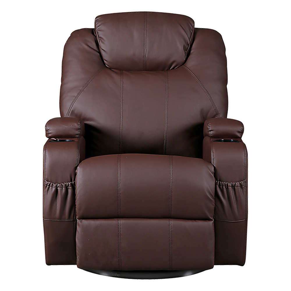 Brown Massage Sofa Chair Recliner 360 Degree Swivel PU Leather Lounge 8 Point Heated.