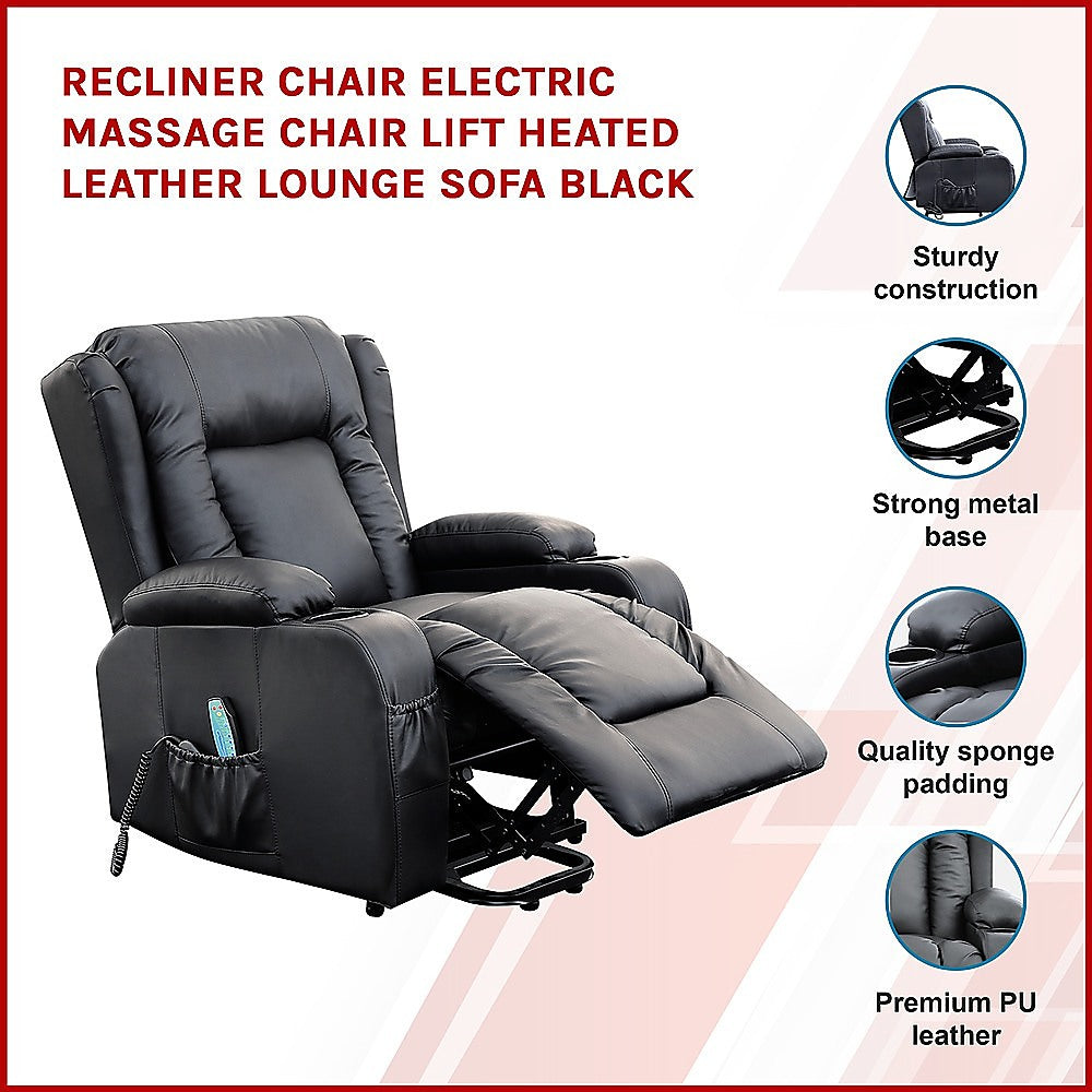 Recliner Chair Electric Massage Chair Lift Heated Leather Lounge Sofa Black.