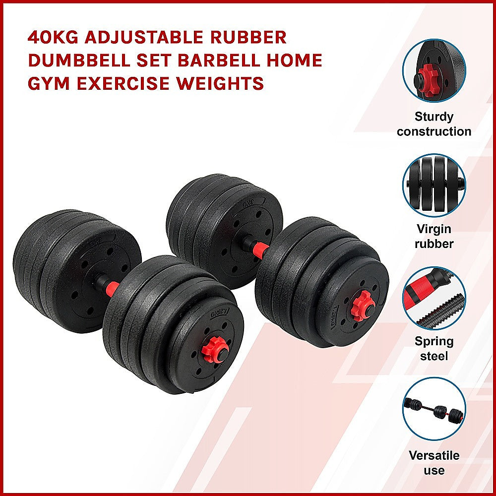 40kg Adjustable Rubber Dumbbell Set Barbell Home GYM Exercise Weights