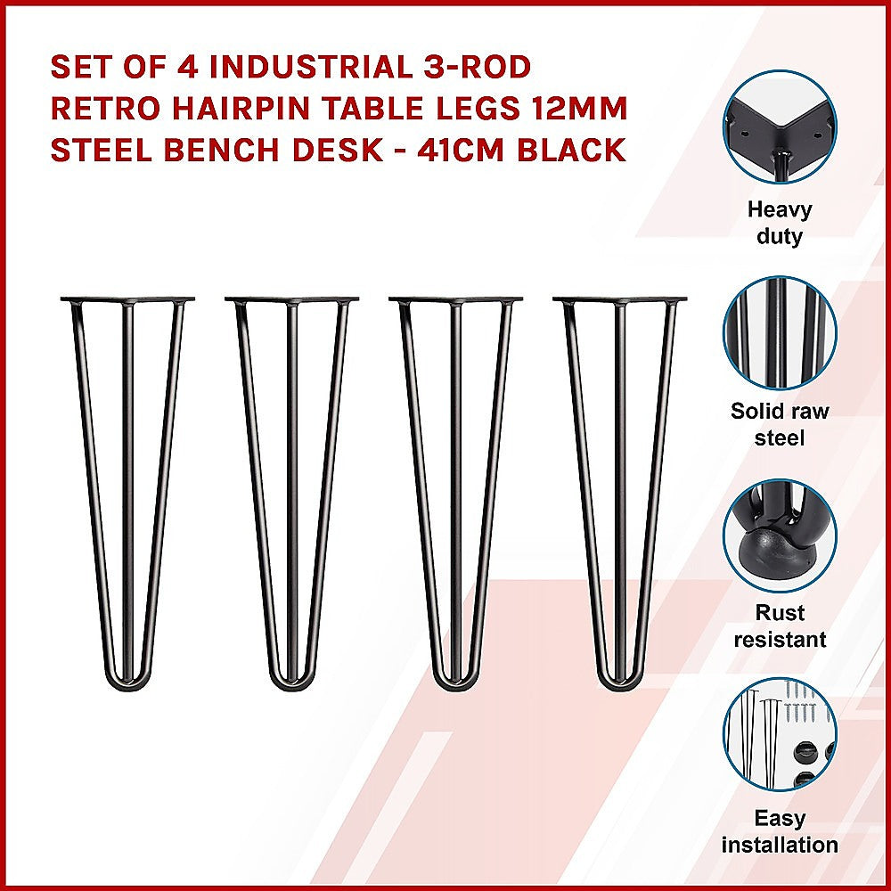 Set of 4 Industrial 3-Rod Retro Hairpin Table Legs 12mm Steel Bench Desk - 41cm Black