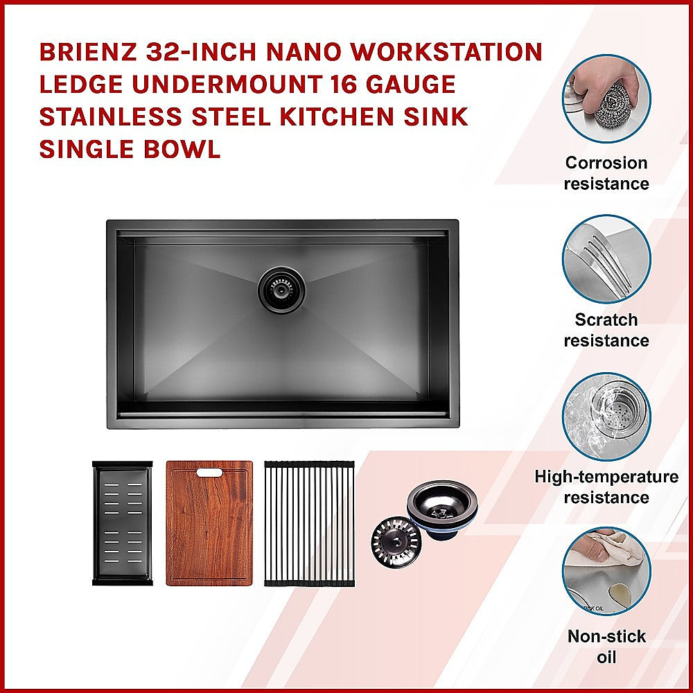 BRIENZ 32-inch Nano Workstation Ledge Undermount 16 Gauge Stainless Steel Kitchen Sink Single Bowl