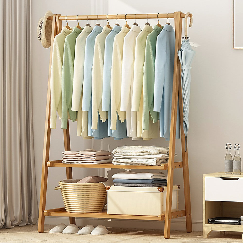 Portable Clothes Rack Coat Garment Stand Bamboo Rail Hanger Airer Closet