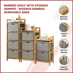 Bamboo Shelf with Storage Hamper - Wooden Bamboo Removable Bags