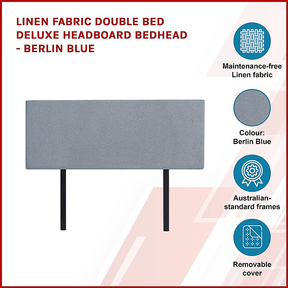 Linen Fabric Double Bed Deluxe Headboard Bedhead - Berlin Blue