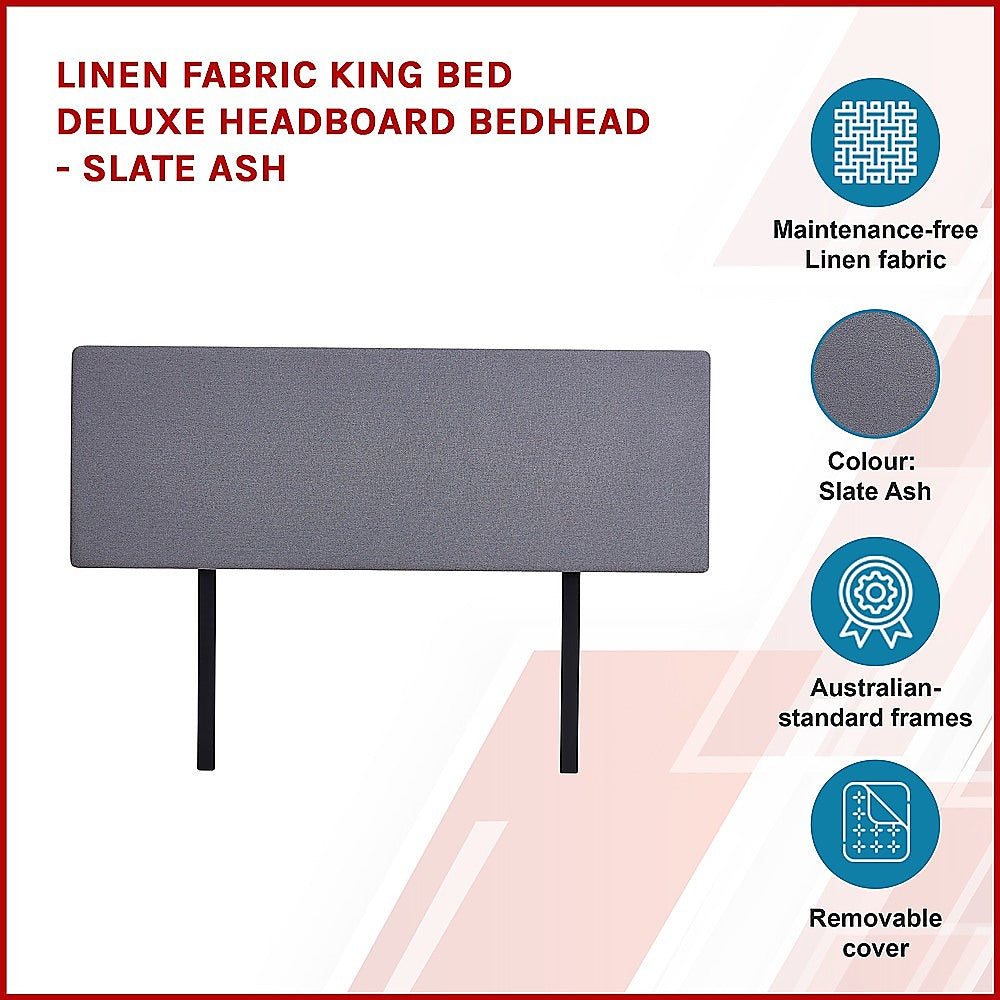 Linen Fabric King Bed Deluxe Headboard Bedhead - Slate Ash