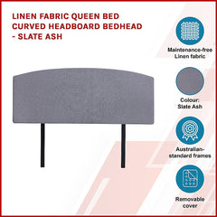 Linen Fabric Queen Bed Curved Headboard Bedhead - Slate Ash