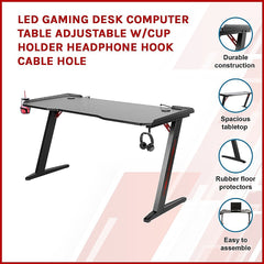 LED Gaming Desk Computer Table Adjustable w/Cup Holder Headphone Hook Cable Hole