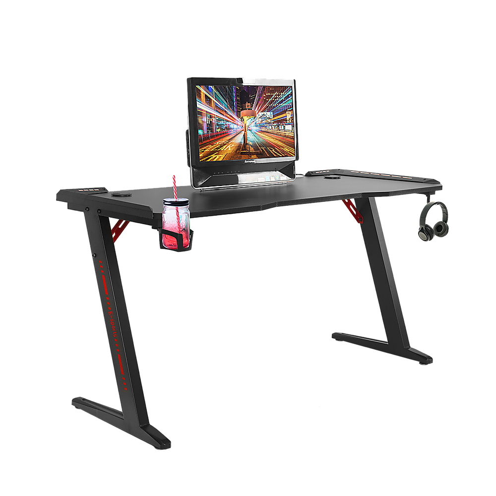 LED Gaming Desk Computer Table Adjustable w/Cup Holder Headphone Hook Cable Hole