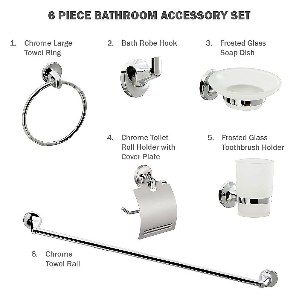 Bathroom Accessories Set 6 Piece Pack Chrome Wall Mounted Easy Fittings