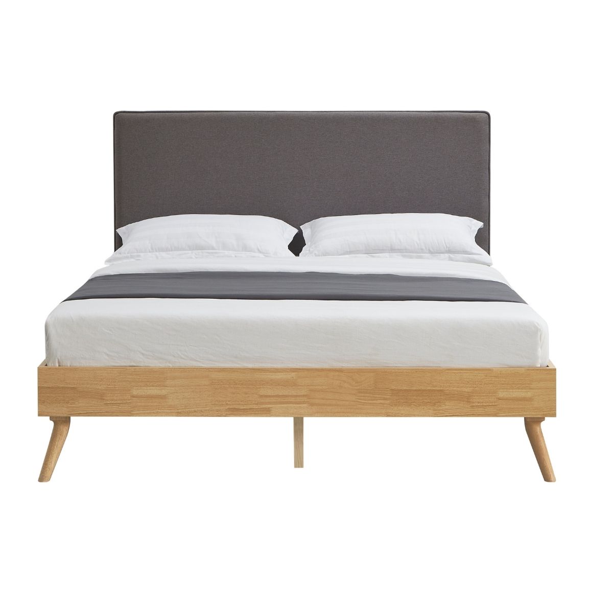 Natural Oak Ensemble Bed Frame Wooden Slat Fabric Headboard Queen