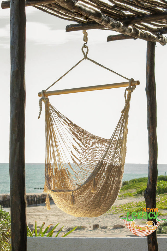 Mayan Legacy Extra Large Outdoor Cotton Mexican Hammock Chair in Cream Colour