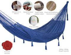 Mayan Legacy King Size Deluxe Outdoor Cotton Mexican Hammock in Blue Colour