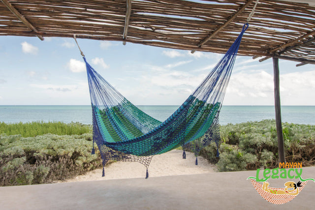 Mayan Legacy King Size Deluxe Outdoor Cotton Mexican Hammock in Caribe Colour