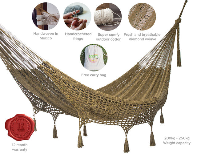 Mayan Legacy Queen Size Deluxe Outdoor Cotton Mexican Hammock in Cedar Colour