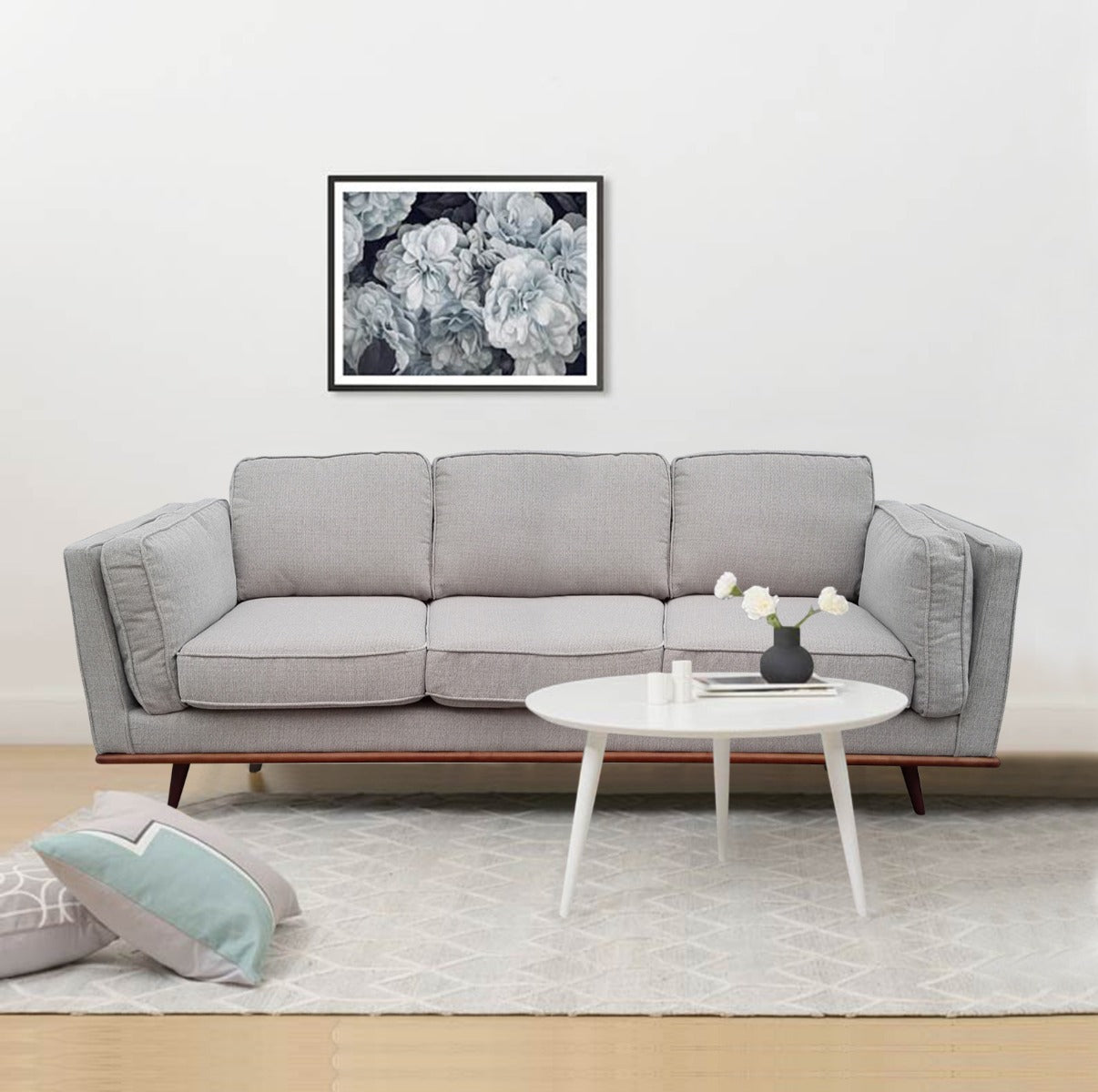 3 Seater Sofa Beige Fabric Modern Lounge Set for Living Room Couch with Wooden Frame.