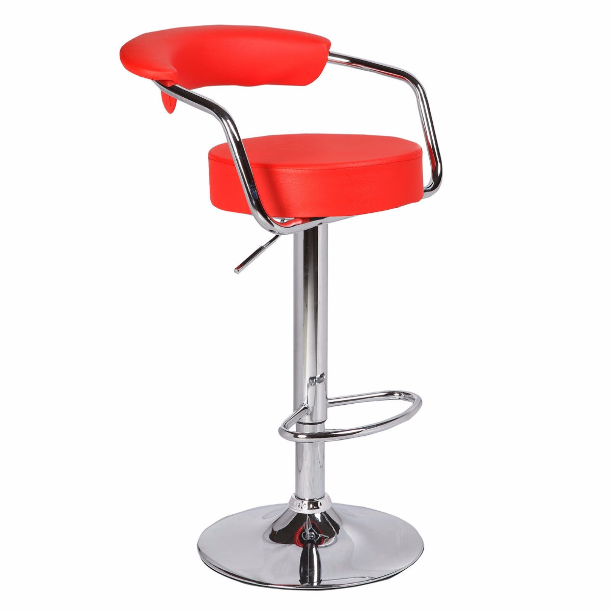 2X Red Bar Stools Faux Leather High Back Adjustable Crome Base Gas Lift Swivel Chairs