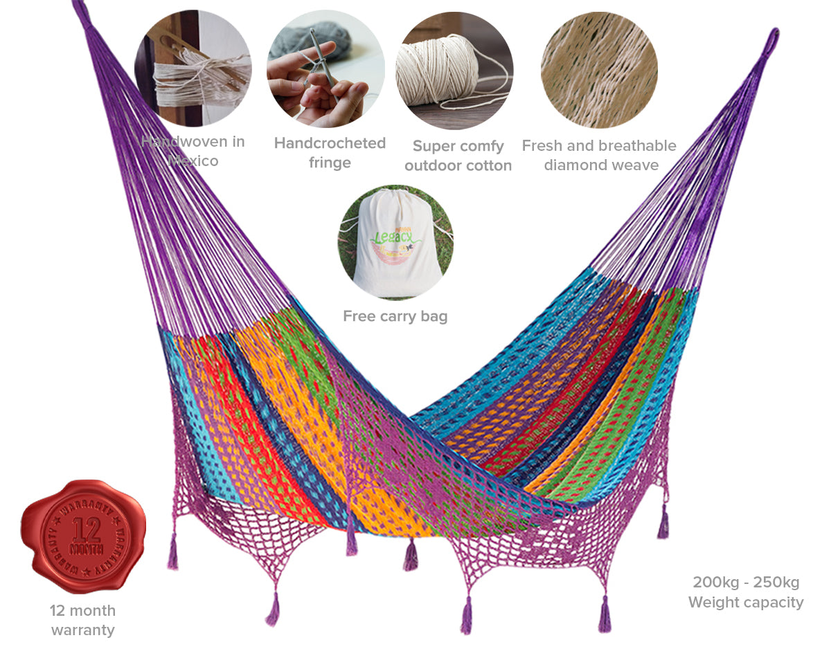 Outdoor undercover cotton Mayan Legacy hammock with hand crocheted tassels King Size Colorina