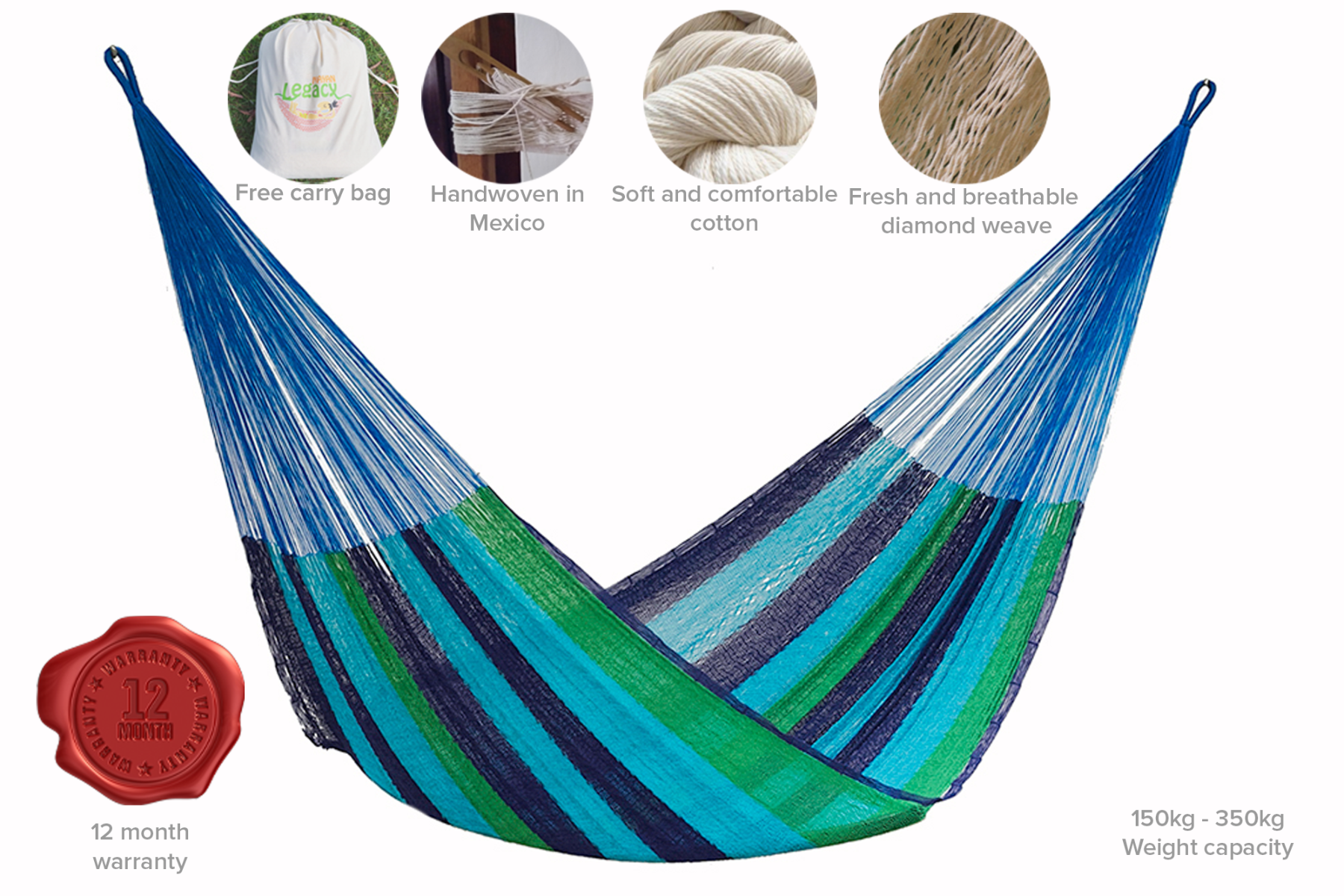 Mayan Legacy Queen Size Cotton Mexican Hammock in Oceanica Colour