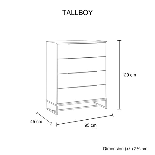 4 Pieces Bedroom Suite made in Solid Wood Acacia Veneered King Size Oak Colour 1X Bed, 2X Bedside Table & 1X Tallboy