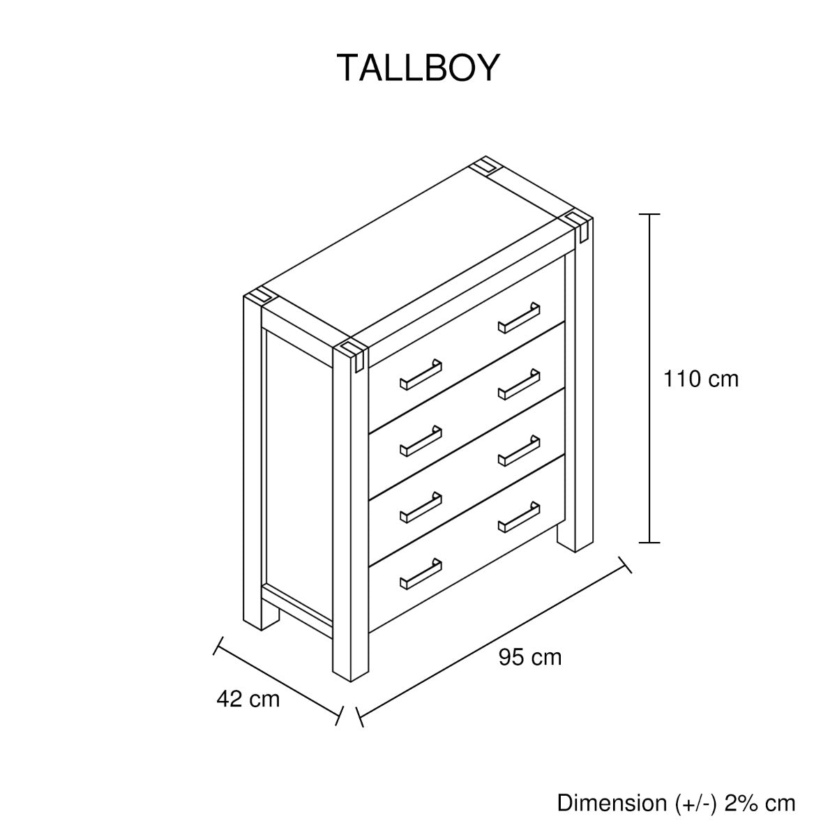 Tallboy with 4 Storage Drawers Assembled in Oak Colour Solid Wooden