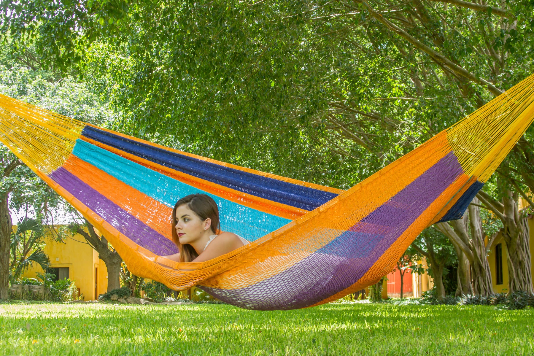 Mayan Legacy King Size Outdoor Cotton Mexican Hammock in Alegra Colour