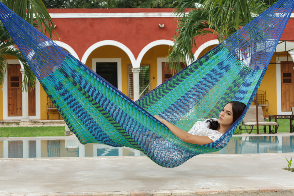 Mayan Legacy King Size Outdoor Cotton Mexican Hammock in Caribe Colour