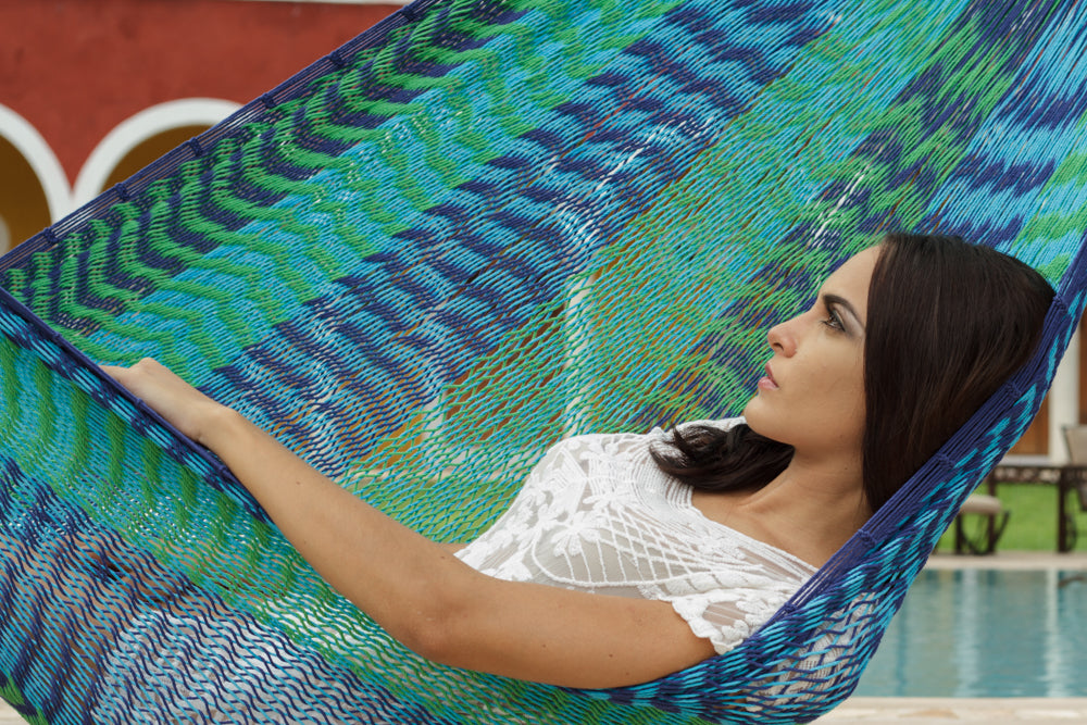 Mayan Legacy King Size Outdoor Cotton Mexican Hammock in Caribe Colour