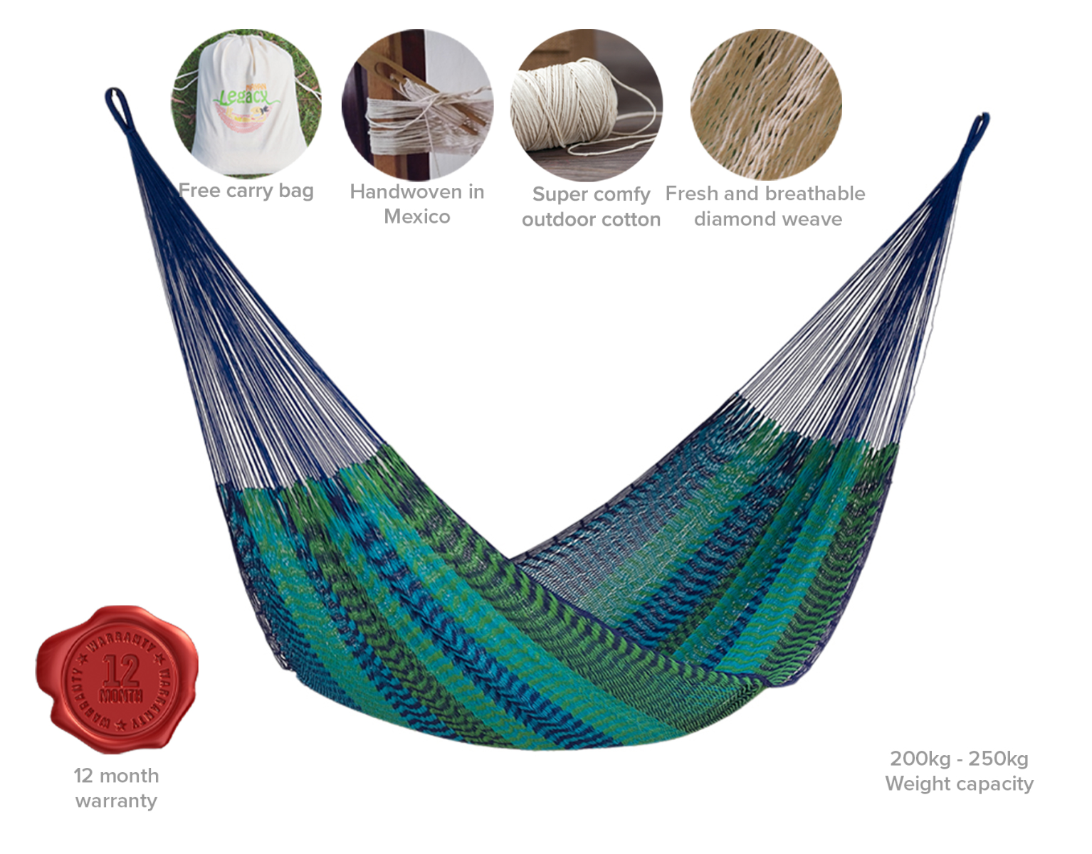 Mayan Legacy Jumbo Size Outdoor Cotton Mexican Hammock in Caribe Colour