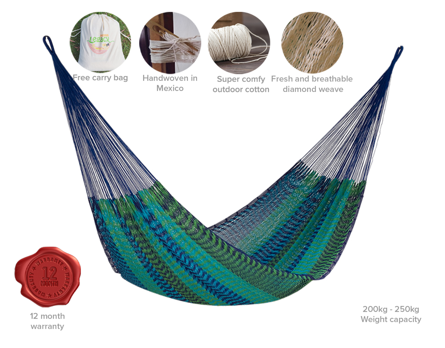Mayan Legacy King Size Outdoor Cotton Mexican Hammock in Caribe Colour