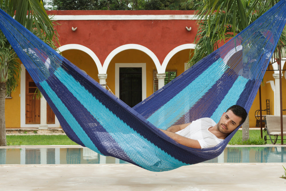 Mayan Legacy King Size Outdoor Cotton Mexican Hammock in Caribbean Blue Colour