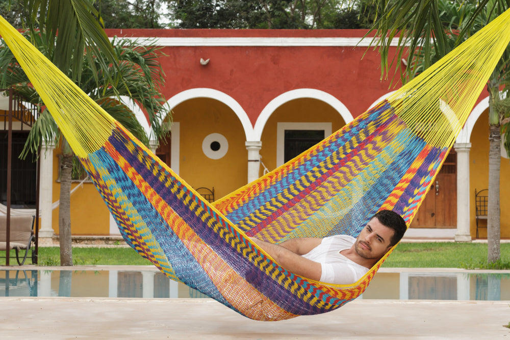 Mayan Legacy Queen Size Outdoor Cotton Mexican Hammock in Confeti Colour