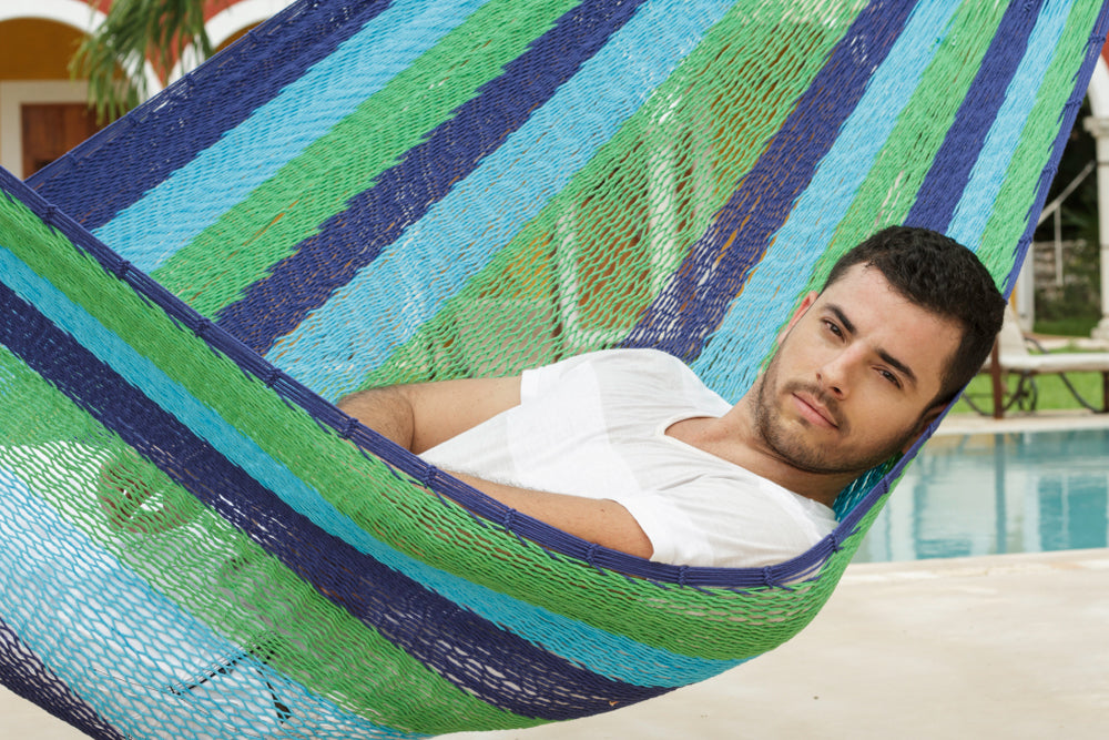 Mayan Legacy Jumbo Size Outdoor Cotton Mexican Hammock in Oceanica Colour