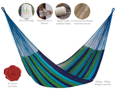 Mayan Legacy Queen Size Outdoor Cotton Mexican Hammock in Oceanica Colour