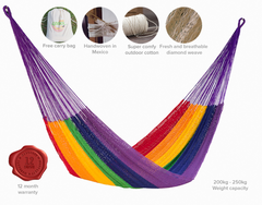 Mayan Legacy Queen Size Outdoor Cotton Mexican Hammock in Rainbow Colour
