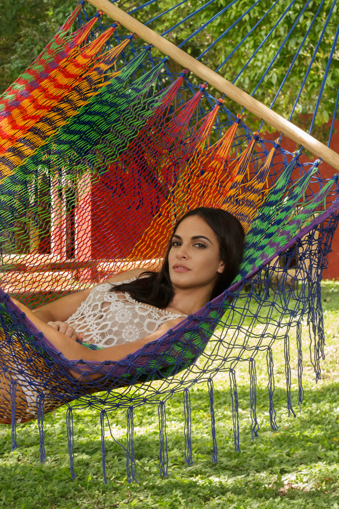 Mayan Legacy King Size Outdoor Cotton Mexican Resort Hammock With Fringe in Mexicana Colour