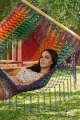 Mayan Legacy King Size Outdoor Cotton Mexican Resort Hammock With Fringe in Mexicana Colour