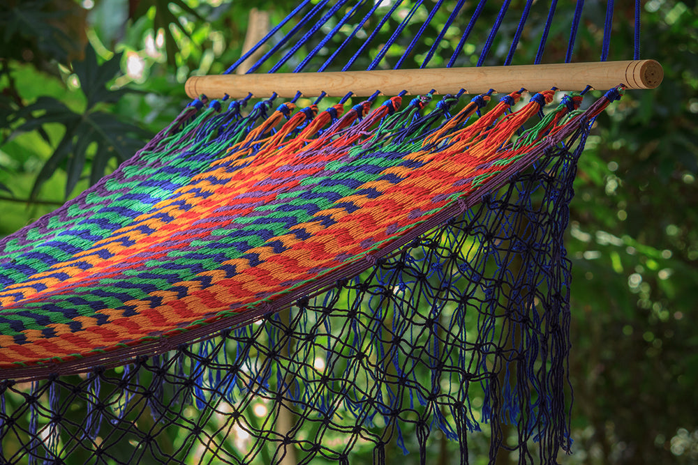 Mayan Legacy King Size Outdoor Cotton Mexican Resort Hammock With Fringe in Mexicana Colour