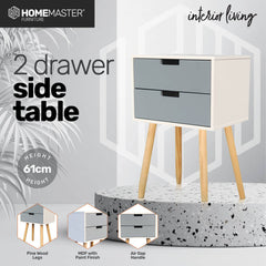 Home Master 2 Drawer Side Table Modern Sleek &amp; Stylish Neutral Design 61cm