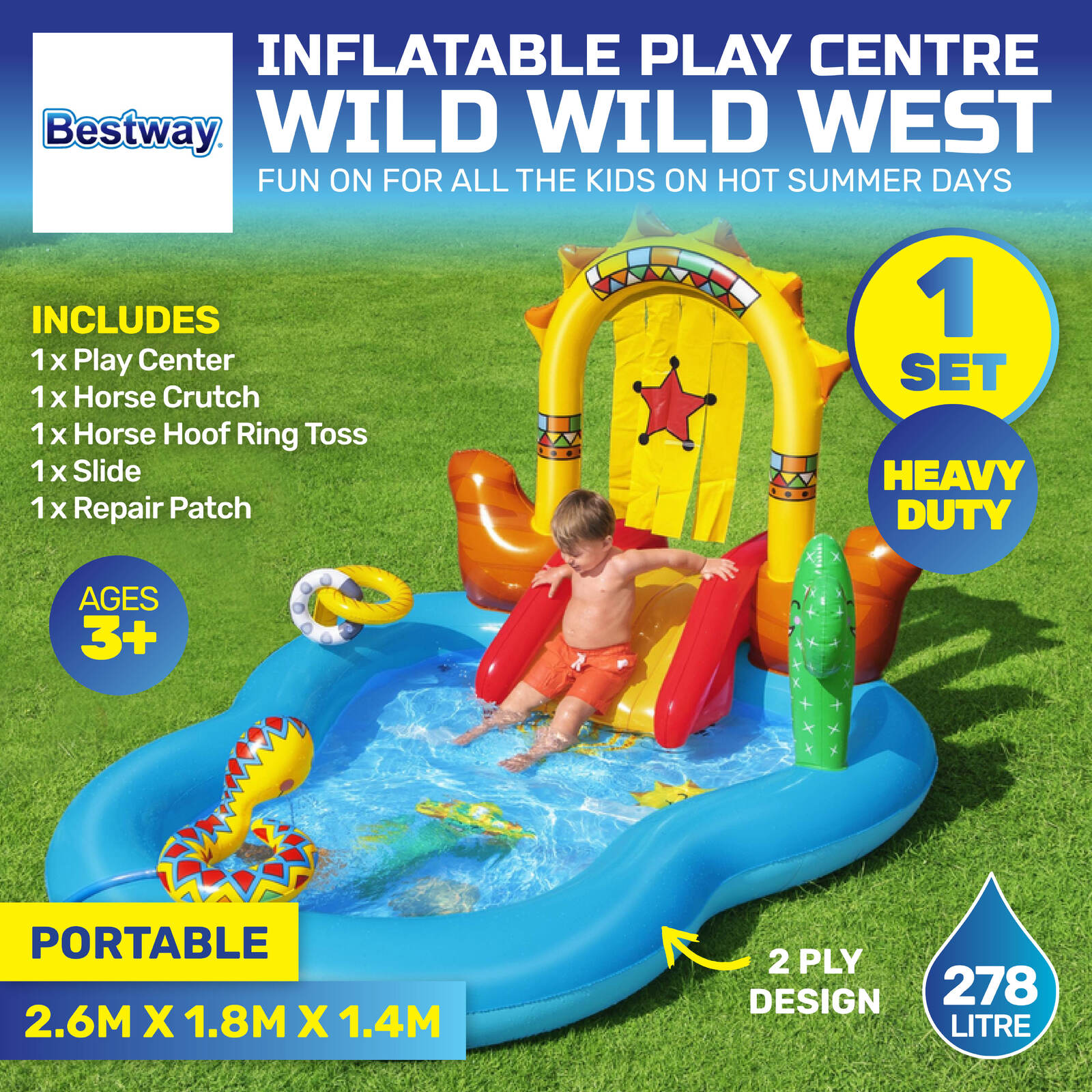 Bestway 2.6 x 1.8m Inflatable Wild West Water Fun Park Pool With Slide 278L